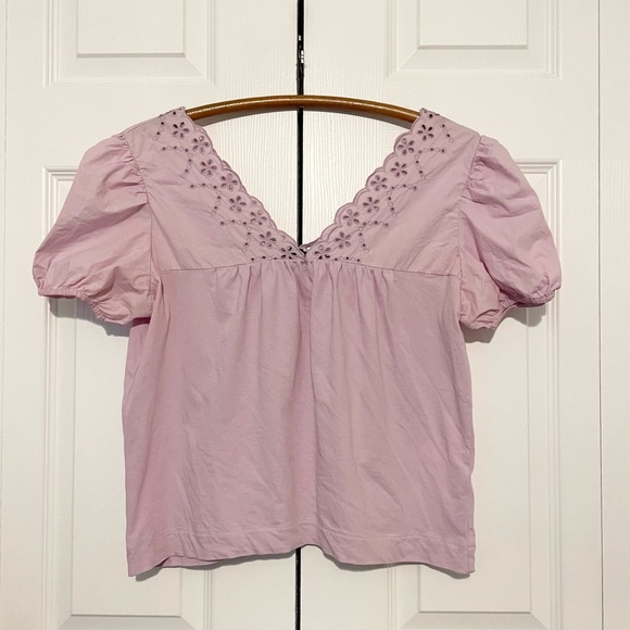 J. Crew Tops - J. Crew Eyelet Top with Puff Sleeves Size Small Lilac Cotton Jersey Tee Pastel